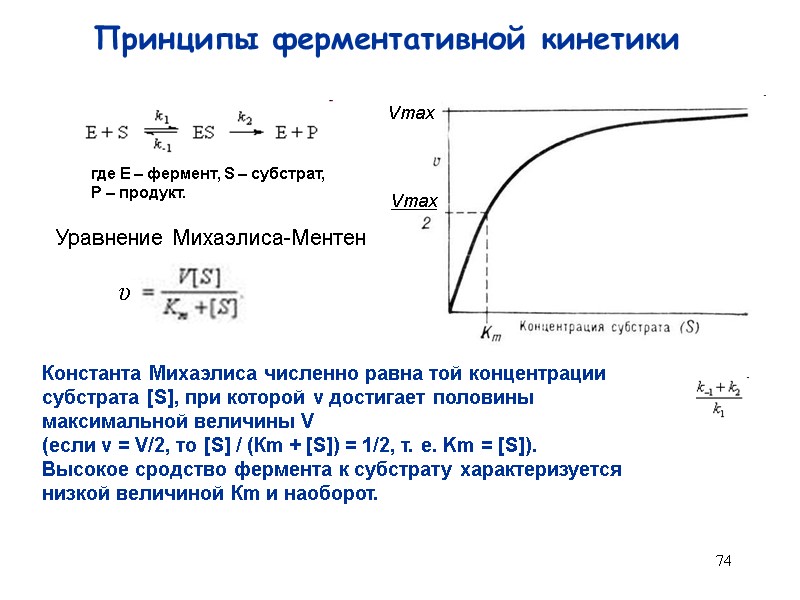 74 Принципы ферментативной кинетики  Vmax Vmax где Е – фермент, S – субстрат,
